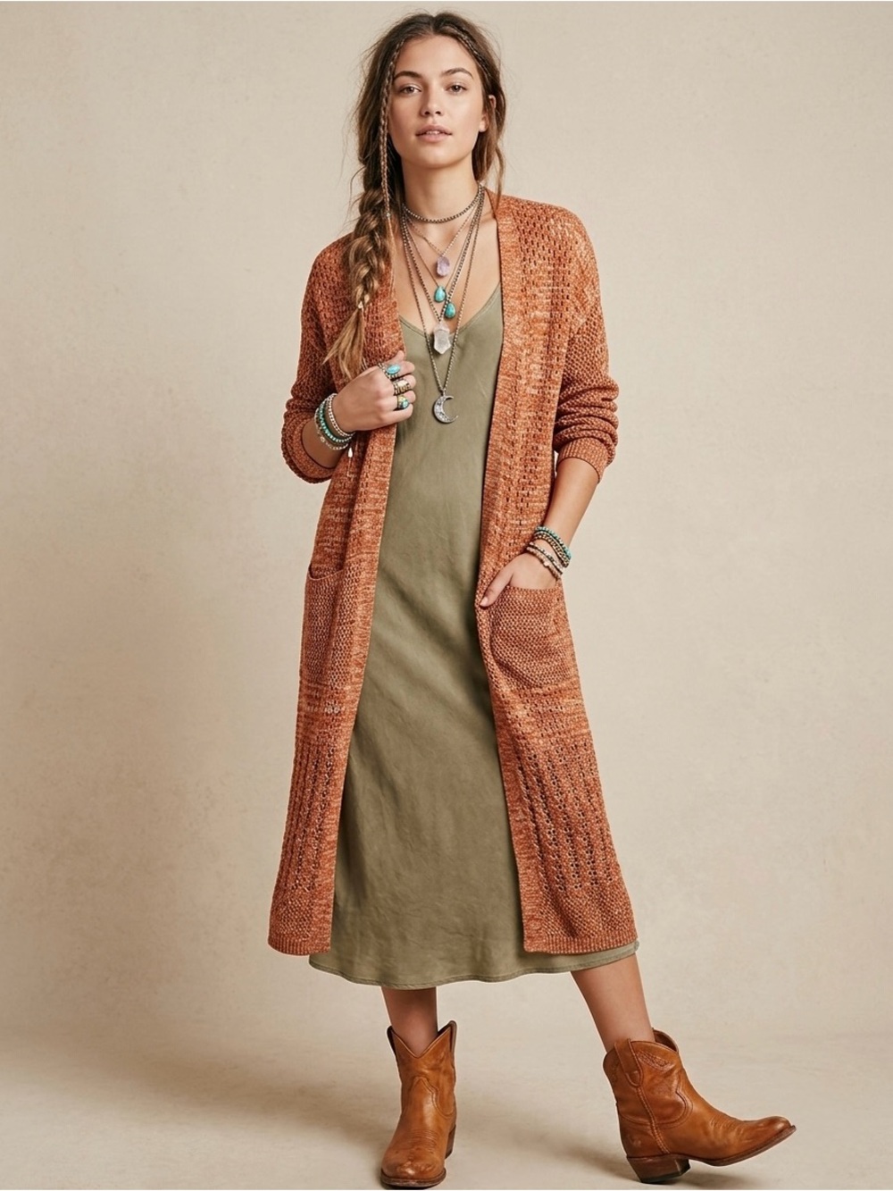 Marled Reunited Clothing Burnt Orange Pointelle Knit Longline Duster Cardigan M